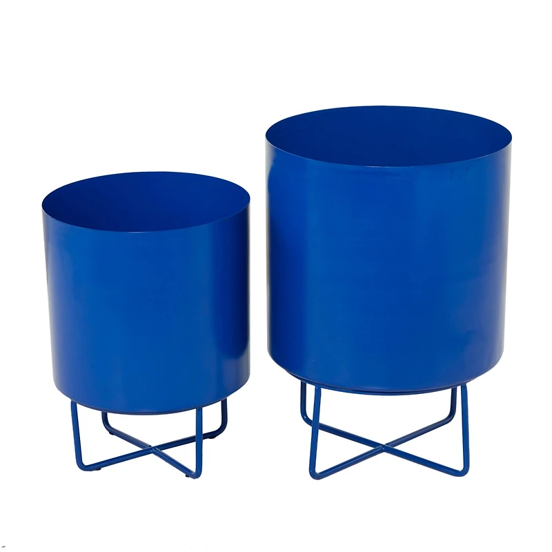 Blue Metal Modern Planter, Set of 2" 16", 13"