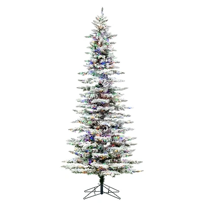 9ft. Pre-Lit Flocked Utica Fir Slim Artificial Christmas Tree, Multi-Colored LED Lights