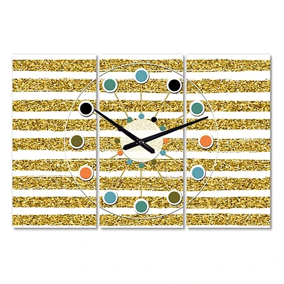 Designart 'Golden Horizontal Lines Oversized Mid-Century Modern Multipanel Wall Clock