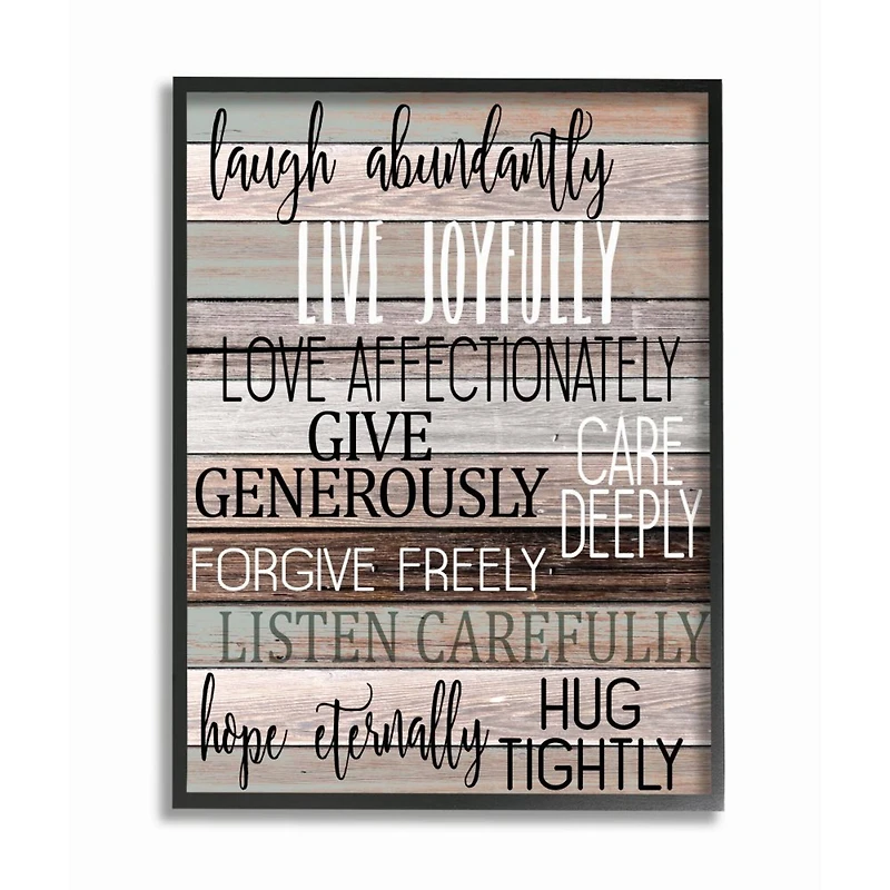 Stupell Industries Live Joyfully Phrases on Wood Grain Brown Tan Teal in Frame Wall Art