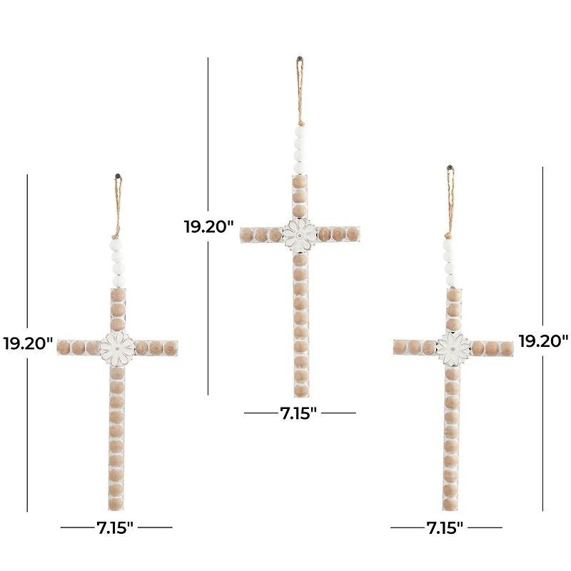 Light Brown Wood Carved Beaded Crosses Biblical Wall Decor with Rope Hanger Set of 3 7", 19"