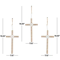 Light Brown Wood Carved Beaded Crosses Biblical Wall Decor with Rope Hanger Set of 3 7", 19"