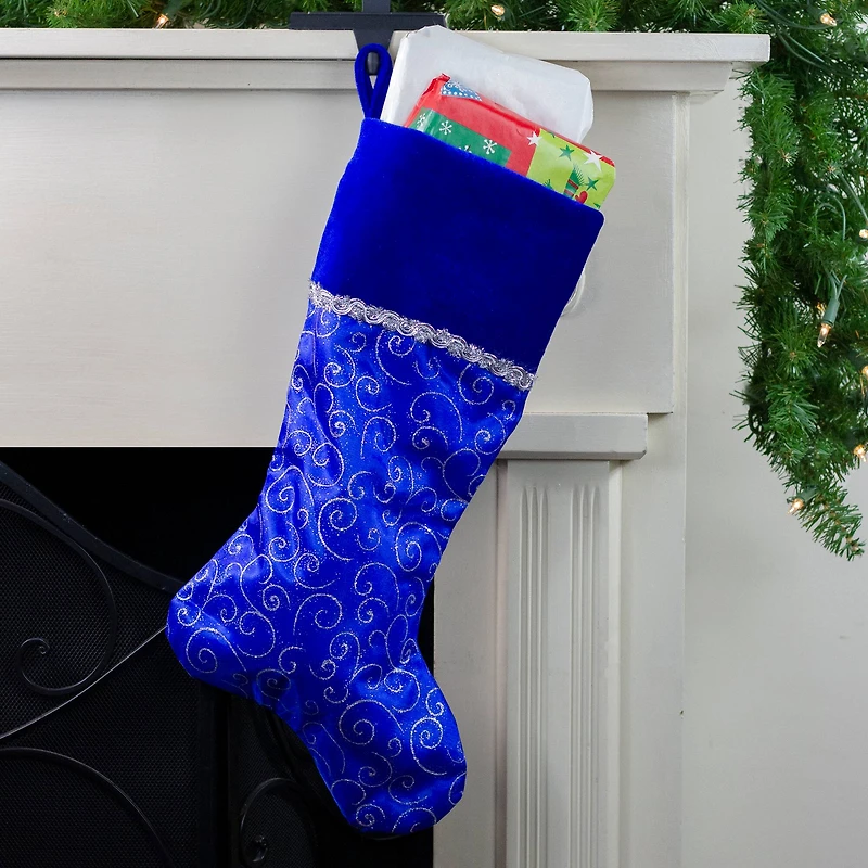 20.5" Blue & Silver Glitter Filigree Swirls Stocking