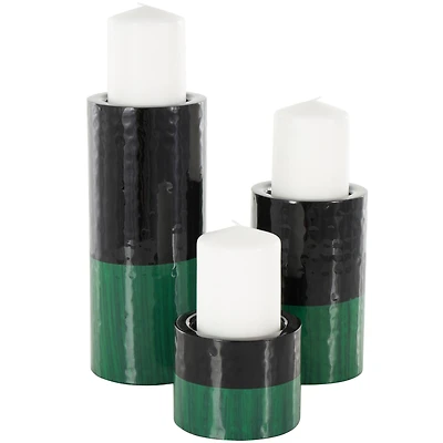 Green Metal Colorblock Candle Holder with Paint Streak Designs Set