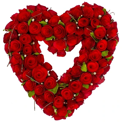 Red Wooden Rose Floral Heart Shaped Artificial Valentine's Day Wreath 14"
