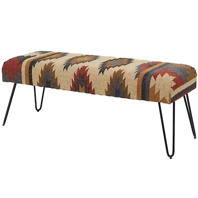 47" Multicolored Metal Tribal Bench with Metal Hairpin Legs