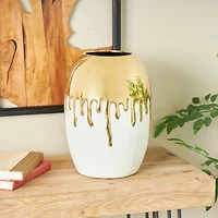 CosmoLiving by Cosmopolitan 13" White Ceramic Vase with Abstract Gold Melting Drips