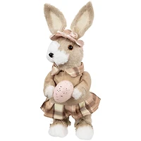 12" Beige Girl Easter Rabbit Figurine with Plaid Dress