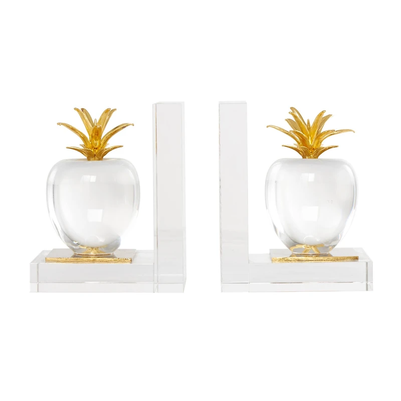 6" Clear Crystal Fruit Apple Bookends with Gold Leaves Set