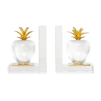 6" Clear Crystal Fruit Apple Bookends with Gold Leaves Set