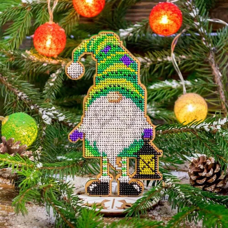 Wonderland Crafts Green Gnome with Lantern Bead Embroidery on Wood Kit