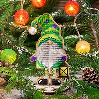 Wonderland Crafts Green Gnome with Lantern Bead Embroidery on Wood Kit