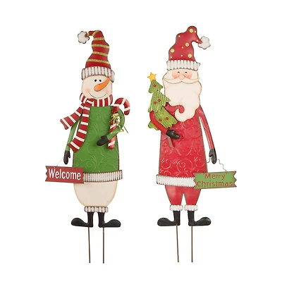 Glitzhome® 3ft. Metal Snowman & Santa Yard Stake Set