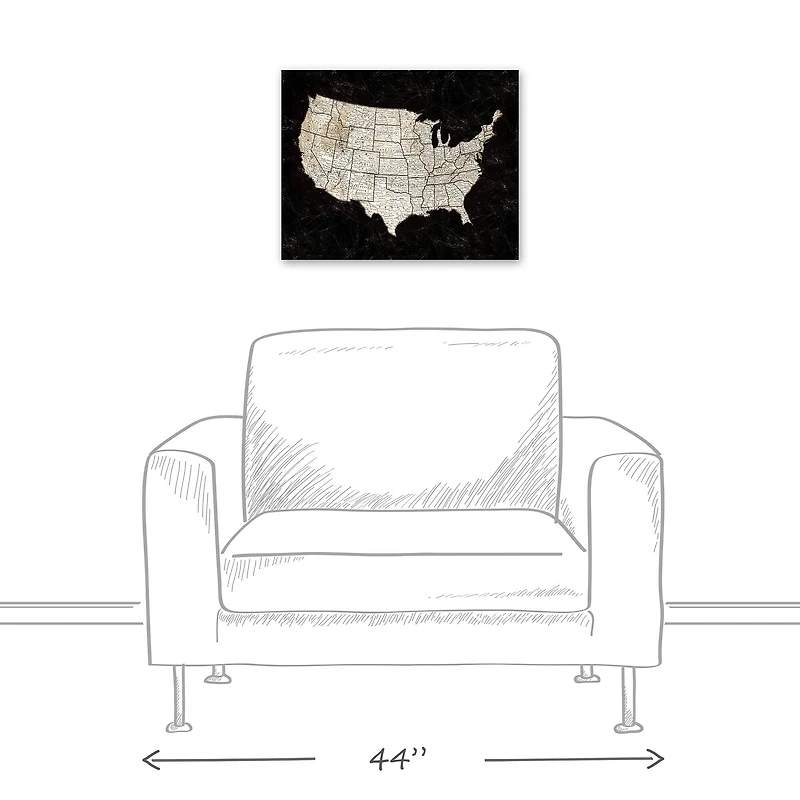 Black United States Map 20" x 16" Canvas Wall Art