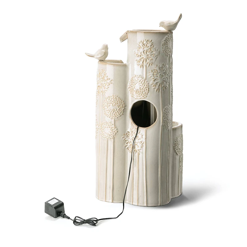 Glitzhome® 31.75" Beige 4-Tier Dandelion Texture Vase-Shaped Ceramic Outdoor Fountain with LED Light