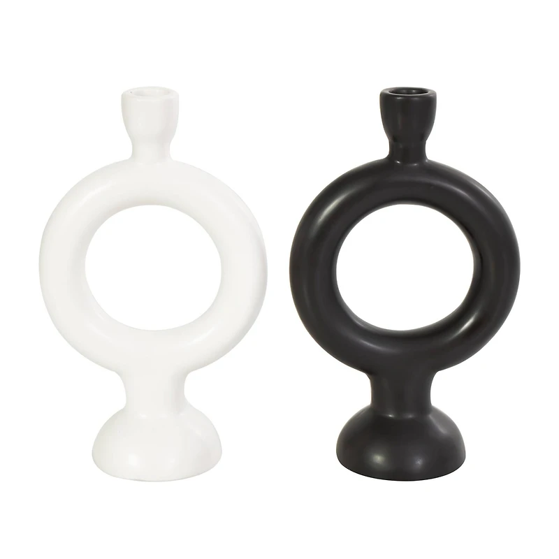 CosmoLiving by Cosmopolitan 9" Black & White Ceramic Geometric Ring Taper Candle Holder Set
