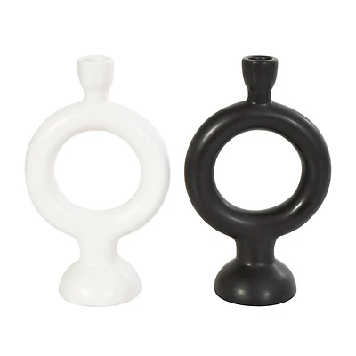 CosmoLiving by Cosmopolitan 9" Black & White Ceramic Geometric Ring Taper Candle Holder Set