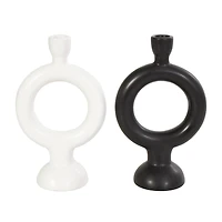 CosmoLiving by Cosmopolitan 9" Black & White Ceramic Geometric Ring Taper Candle Holder Set