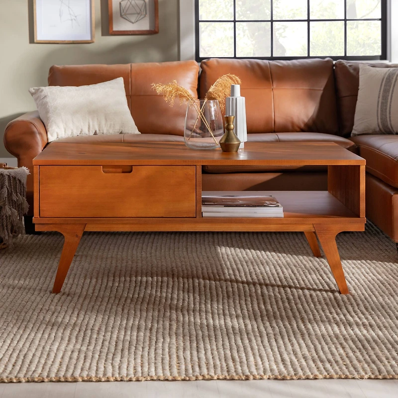 Caramel 1-Drawer Bridge Leg Solid Wood Coffee Table