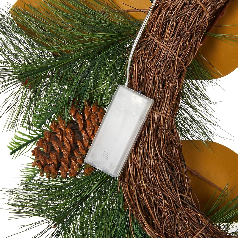 Glitzhome® 24" Pre-Lit Berry, Magnolia Leaf & Pinecone Wreath