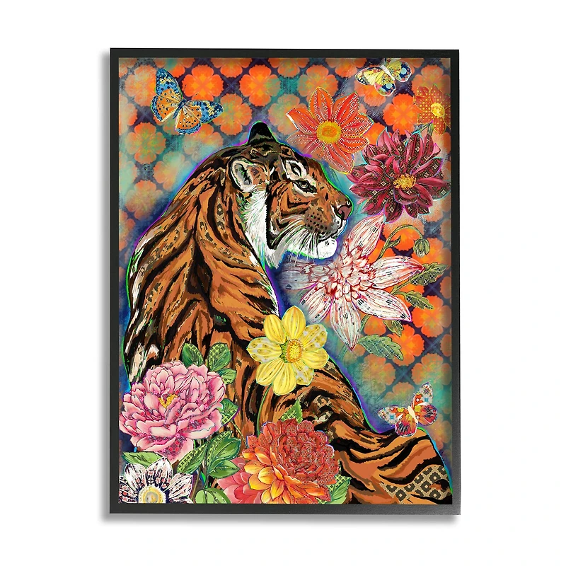 Stupell Industries Jungle Tiger Cat Over Orange Arabesque Floral Pattern in Frame Wall Art