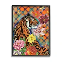 Stupell Industries Jungle Tiger Cat Over Orange Arabesque Floral Pattern in Frame Wall Art
