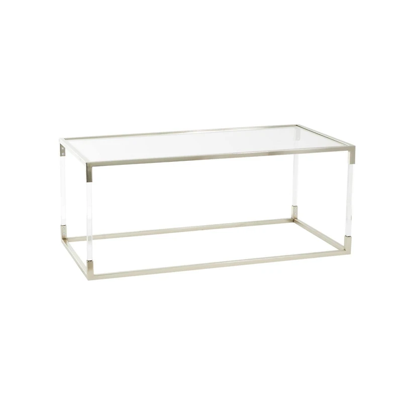 46" Silver Metal Minimalistic Open Framed Living Room Coffee Table with Clear Glass Top & Acrylic Legs