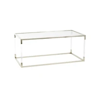 46" Silver Metal Minimalistic Open Framed Living Room Coffee Table with Clear Glass Top & Acrylic Legs