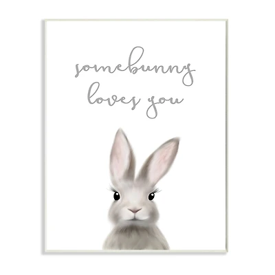 Stupell Industries Somebunny Loves You Quote Grey Rabbit Animal Pun Wall Plaque