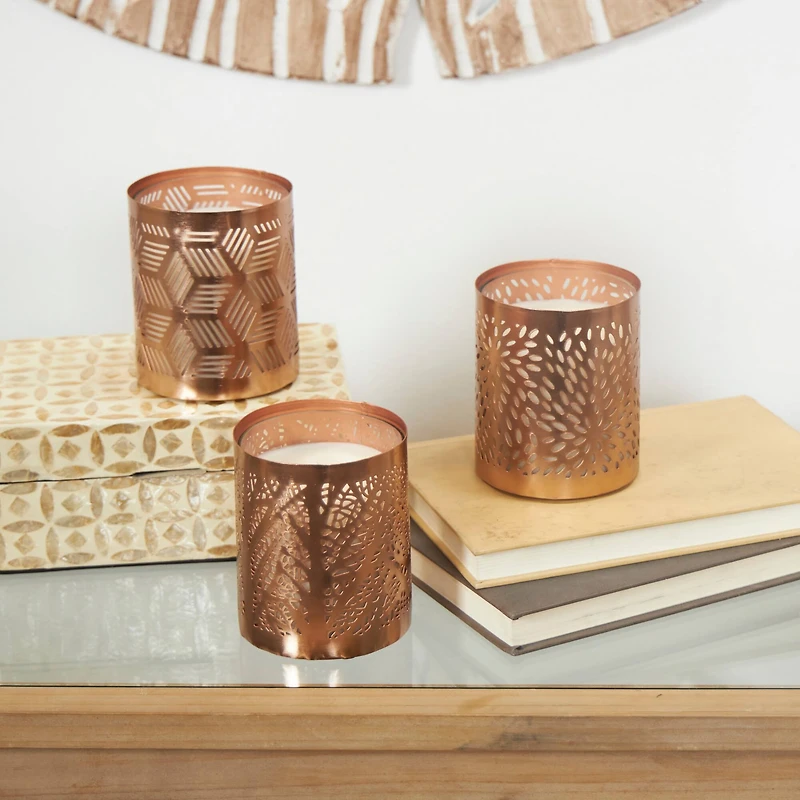 White Wax Campfire Scented Candle with Geometric Copper Containers, 3ct.