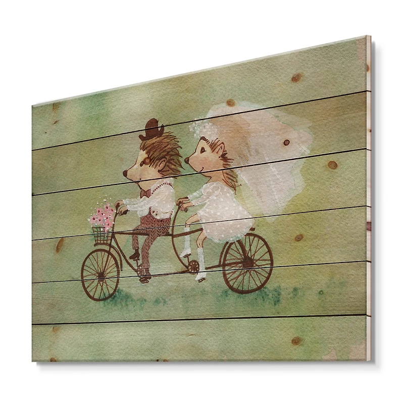 Designart - Couple of Hedgehogs Riding A Bike - Traditional Print on Natural Pine Wood