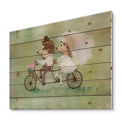 Designart - Couple of Hedgehogs Riding A Bike - Traditional Print on Natural Pine Wood
