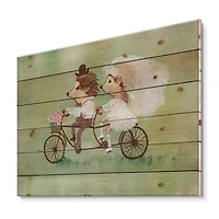 Designart - Couple of Hedgehogs Riding A Bike - Traditional Print on Natural Pine Wood