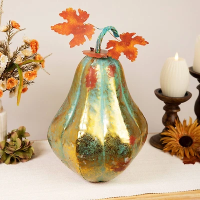 14" Orange & Green Elongated Autumn Pumpkin Tabletop Décor