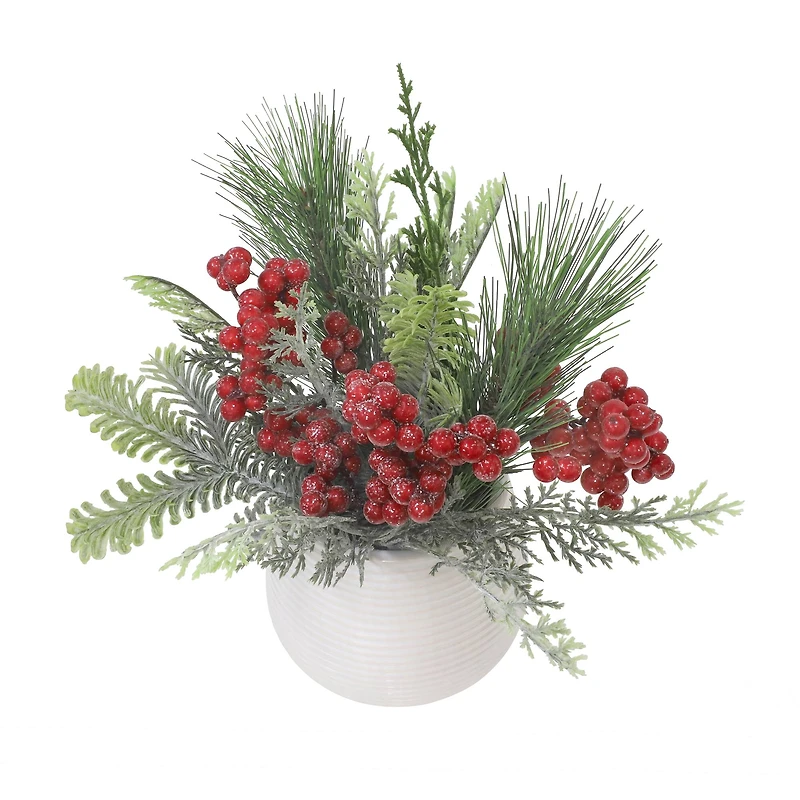 10" Glitter Pine, Cedar & Red Berry Arrangement in White Ceramic Pot by Ashland®