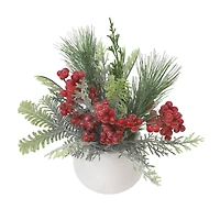 10" Glitter Pine, Cedar & Red Berry Arrangement in White Ceramic Pot by Ashland®