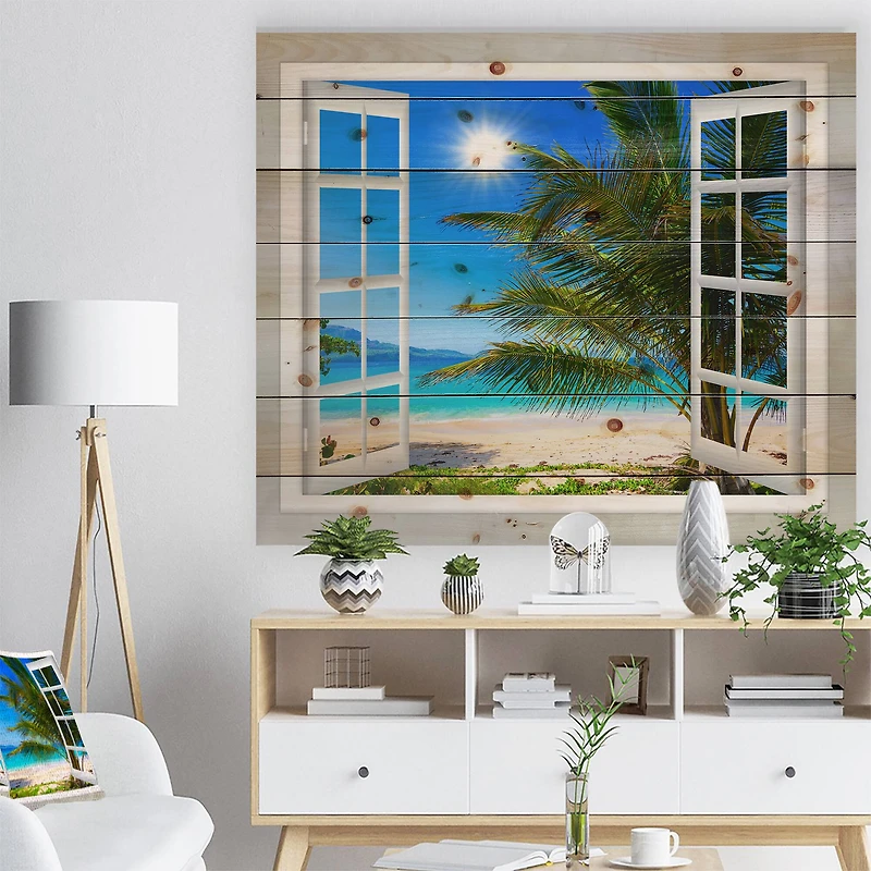 Designart - Window Open to Beach with Palm
