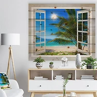 Designart - Window Open to Beach with Palm