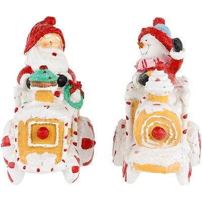 6.75" Santa & Snowman on Gingerbread Trains Christmas Figure Set