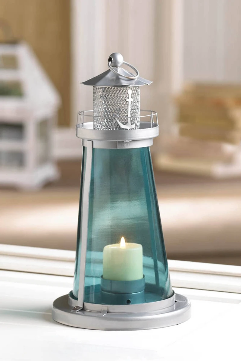 9.5" Silver Lighthouse with Blue Glass Candle Lantern