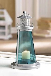 9.5" Silver Lighthouse with Blue Glass Candle Lantern