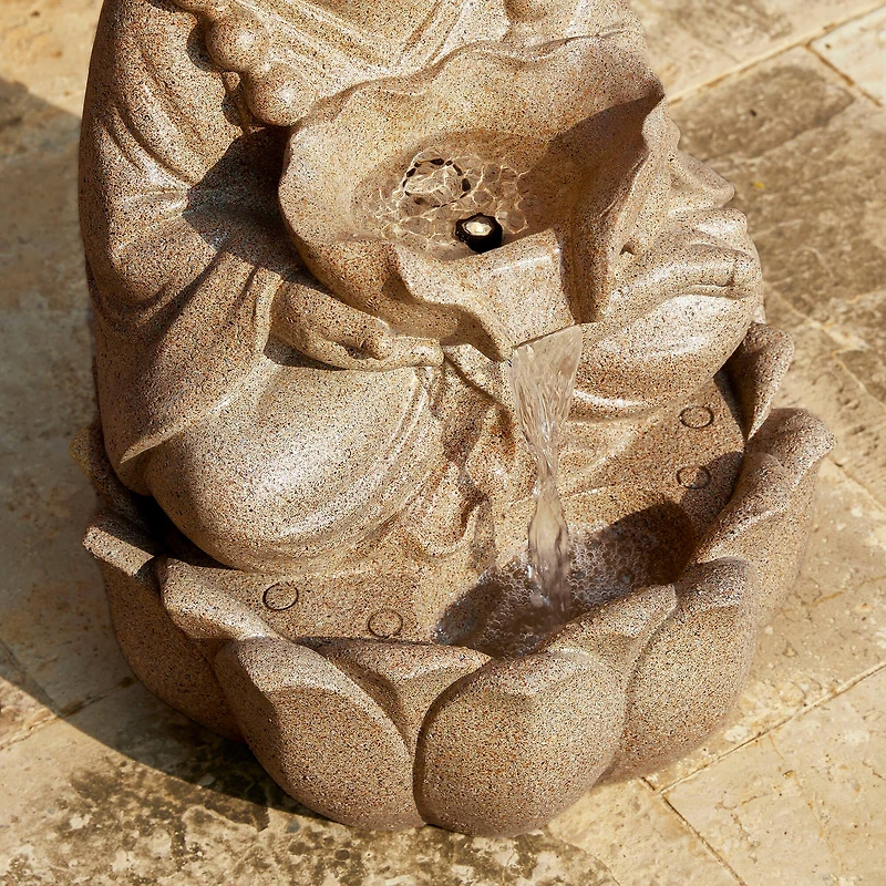 Glitzhome® 21.75" Sand Beige Zen-Style LED 2-Tier Frog Outdoor Fountain