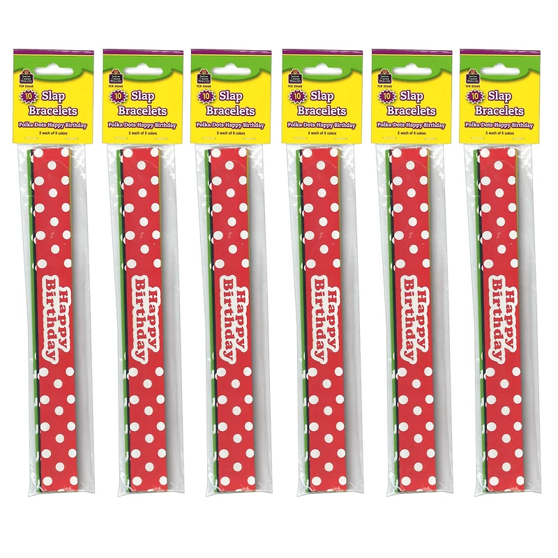 Teacher Created Resources Polka Dots Happy Birthday Slap Bracelets, 6 Packs of 10