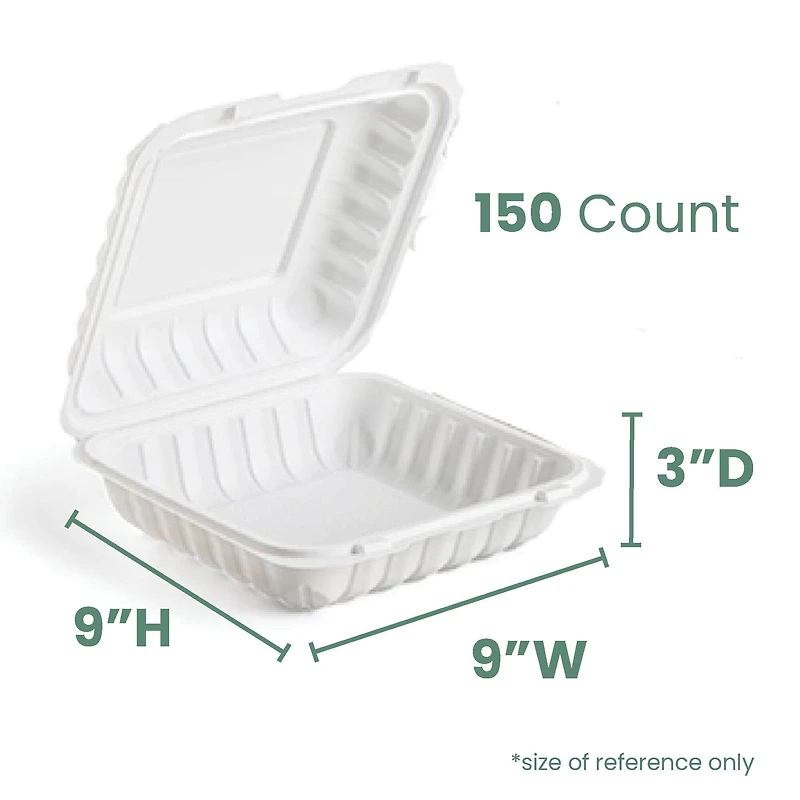 9" White Single-Compartment Clamshell Take Out Containers, 150ct.