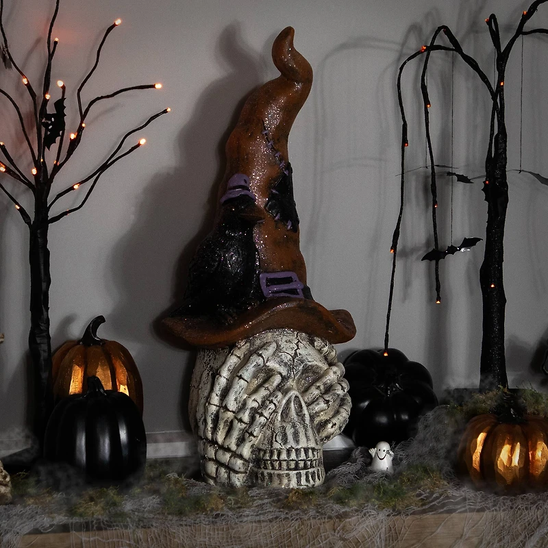 22.75" Skull in Witches Hat with Crow Halloween Decoration