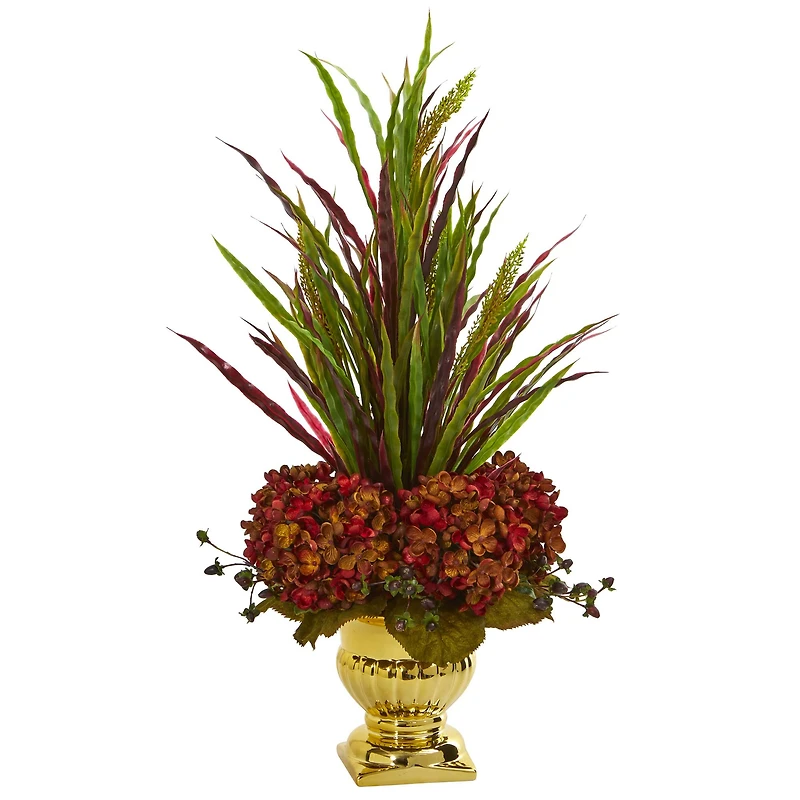 2ft. Rust Grass & Hydrangea Arrangement in Gold Urn