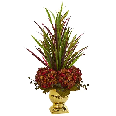 2ft. Rust Grass & Hydrangea Arrangement in Gold Urn