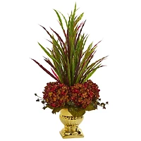 2ft. Rust Grass & Hydrangea Arrangement in Gold Urn