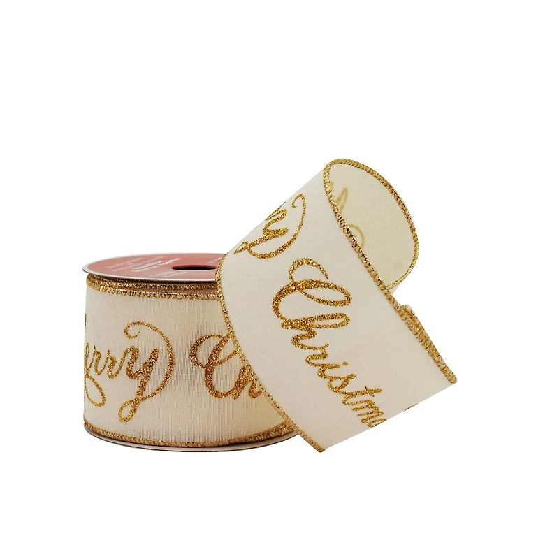 2.5" x 20ft. Gold Glitter Merry Christmas Wired Faux Linen Ribbon by Celebrate It®