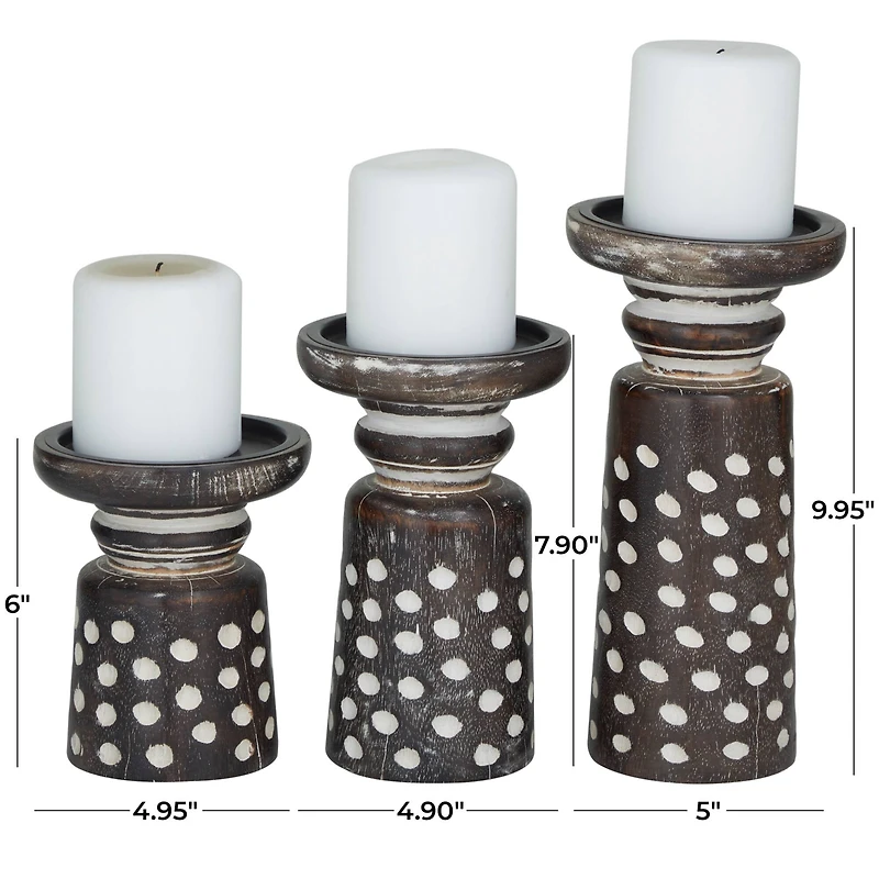 Dark Brown Mango Wood Round Carved Dotted Pillar Candle Holder Set